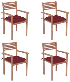 Záhradné stoličky 4 ks vínovočervené podložky teakový masív