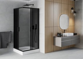 Mexen Rio, štvorcový sprchovací kút s posuvnými dverami 90(dvere) x 90(dvere) x 190 cm, 6mm šedé sklo, čierny profil + biela sprchová vanička RIO, 860-090-090-70-40-4510