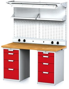 Alfa 3 Dielenský stôl MECHANIC I + 2x závesný box, nadstavba, polica, el. zásuvky a osvetlenie , 8 zásuviek, 1500x685x880 mm, červené dvere