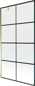 Mexen Next, vaňová zástena 1-krídlová 100 x 150 cm, fixné krídlo, 6 mm číre sklo s čiernym vzorom, zlatý profil, 895-100-000-00-77-50