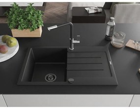 Mexen Bruno, 1-komorový granitový drez 795x495x200 mm a drezová batéria Flora, čierna, 6513-77-670401-07-B