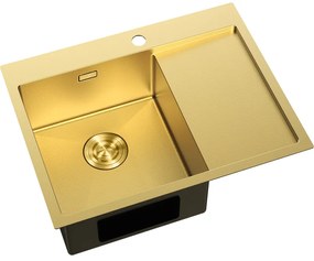 Mexen Exar, 1-komorový nerezový drez s odkvapkávačom, ľavý, 620 x 480 mm, brúsená zlatá, vzor voština, 6431621005L-55HC