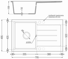 Mexen Bruno, 1-komorový granitový drez 795x495x200 mm a drezová batéria Flora, šedá, 6513-71-670401-57-G