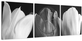 Obraz - Čiernobiele kvety tulipánov (s hodinami) (90x30 cm)