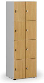 Drevená šatníková skrinka s úložnými boxmi, 8 boxov, otočný zámok, sivá/buk