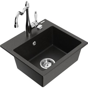Mexen Milo, granitový drez 435x410x171 mm, 1-komorový a drezová batéria Carla, čierna-zlatá metalíza, 6505-75-670700-00