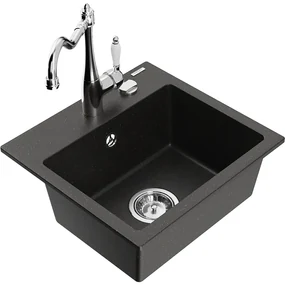 Mexen Milo, granitový drez 435x410x171 mm, 1-komorový a drezová batéria Carla, čierna-zlatá metalíza, 6505-75-670700-00