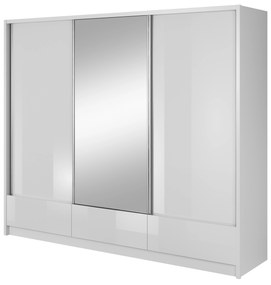 Šatníková trojdverová skriňa WALTON I so zrkadlom biela + biely lesk 250 cm