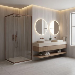 Rea City, sprchový kút s posuvnými dverami 90×90 cm + biela sprchová vanička Savoy, medená matná, REA-K6984