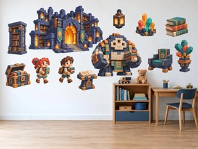 Minecraft Malí čitatelia a golem v knižnici knižničné voxelové nálepky na stenu pre malých čitateľov arch 46 x 34 cm