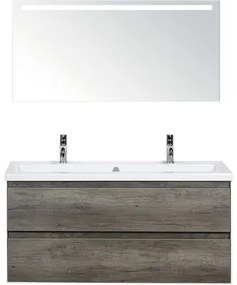 Kúpeľňový nábytkový set Evora 120 cm s keramickým umývadlom 2 otvormi na kohúty dub Nebraska a zrkadlom s LED osvetlením