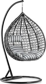 Čierne závesné kreslo KOKON so stojanom, bielo-sivý vankúš