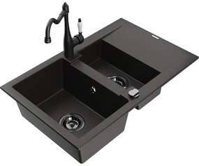 Mexen Gaspar, granitový drez 752x436x161 mm, 1,5-komorový a drezová batéria Carla, čierna-zlatá metalíza, 6507-75-670700-70-B