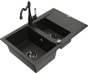 Mexen Gaspar, granitový drez 752x436x161 mm, 1,5-komorový a drezová batéria Carla, čierna-zlatá metalíza, 6507-75-670700-70-B