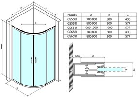 Gelco, SIGMA SIMPLY štvrťkruhová sprchová zástena 800x800mm, R550, číre sklo, GS5580