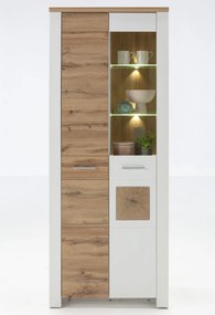 Vysoká vitrína s osvetlením Matera, starý dub/biela