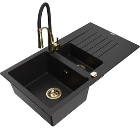 Mexen Matias, granitový drez 900x505x200 mm, 1,5-komorový a drezová batéria Aster, čierna, 6502-77-73450-57-G