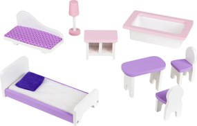 Drevený domček pre bábiky ECOTOYS – Rezidencia Jagodová, 3 poschodia, 8 ks nábytku