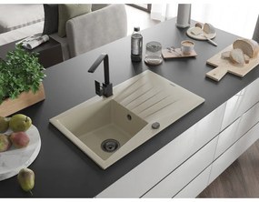 Mexen Cesar, granitový drez 775x470x190 mm, 1-komorový, béžová s čiernym sifónom a čierna drezová batéria Rita, 6514-69-670300-70