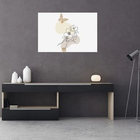 Obraz - Béžové kvety s motýľom N⁰3 (90x60 cm)