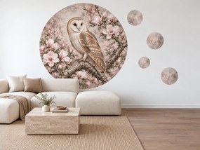 Sova vypálená medzi magnóliami botanické okrúhle nálepky na stenu do spálne arch 46 x 46 cm