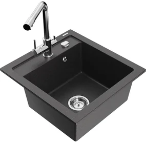 Mexen Vito, 1-komorový granitový drez 520x490x210 mm, chrómová batéria Duero, čierna škvrnitá, 6503-76-671600-00