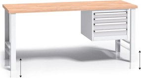 Výškovo nastaviteľný pracovný stôl do dielne G3 so závesným boxom na náradie, buková škárovka, 4 zásuvky, 1700 x 685 x 840 - 1050 mm, sivá