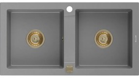 Mexen Mario, granitový drez 820x436x161 mm, 2-komorový, šedá so zlatým sifónom, 6504822000-71-G