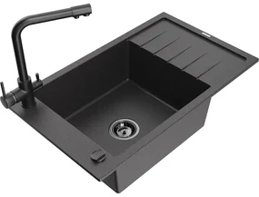 Mexen Elias, 1-komorový granitový drez s odkvapkávačom 795x480x200 mm a čierna batéria Duero, čierna - škvrnitá, 6511-76-671600-70-B