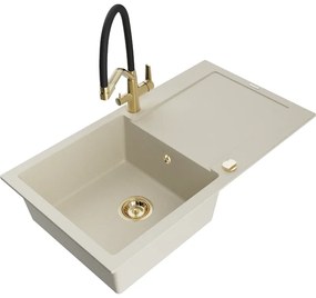 Mexen Leo, 1-komorový granitový drez 900x500x190 mm a drezová batéria Duo, béžová, 6501-69-671701-57-G
