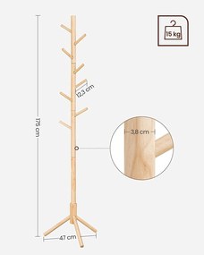 Voľne stojaci vešiak na kabáty a klobúky, s 8 háčikmi, prírodná farba