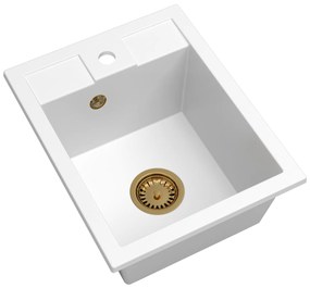 Sink Quality Ferrum 40, kuchynský granitový drez 400x500x195 mm + zlatý sifón, biela, SKQ-FER.W.1K40.XG