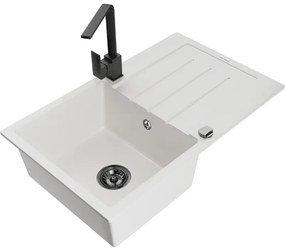 Mexen Bruno, drez granitový 795x495x200 mm, 1-komorový, biela s čiernym sifónom a čierna drezová batéria Rita, 6513-20-670300-70