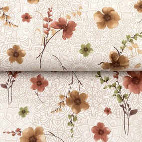 PVC obrus Hnedé kvety s ornamentami na bielom PV-210 - metráž š. 140 cm