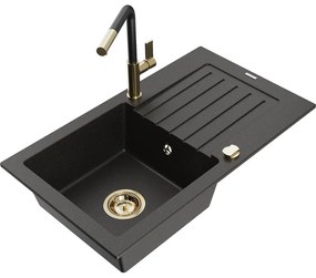 Mexen Pablo, 1-komorový granitový drez 752x436x161 mm a drezová batéria Flora, čierna-zlatá metalíza, 6510-75-670401-57-G