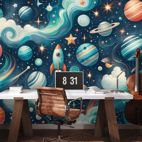 Tapeta farebný vesmír s raketou