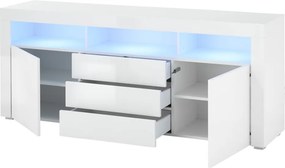 Široká TV skrinka Leeds, biela lesk, s osvetlením
