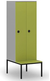 Drevená šatníková skrinka S4 s lavičkou, 2 oddiely, 1871 x 600 x 500/800 mm, demont, kódový zámok, sivá/zelená