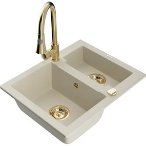 Mexen Carlos, 1,5-komorový granitový drez 582x475x177 mm a drezová batéria Elia, béžová, 6518-69-670101-50