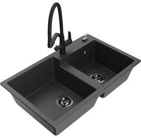 Mexen Tomas, 2-komorový granitový drez 800x500x190 mm a kuchynská batéria Duo, čierna škvrnitá, 6516-76-671701-70-B