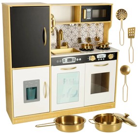 KIK Detská drevená kuchynka so svetlom a zvukom, chladnička, zlatá, 3+