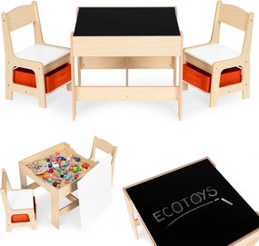 Detský set nábytku ECOTOYS – stôl s kriedovou tabuľou + 2 stoličky a úložný priestor