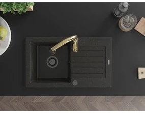 Mexen Pablo, granitový drez 752x436x161 mm, 1-komorový a drezová batéria Savita, čierna-zlatá metalíza, 6510-75-672601-50-B