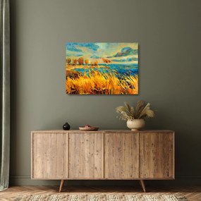 Sklenený obraz - Západajúce slnko nad jazerom, akrylová maľba (70x50 cm)