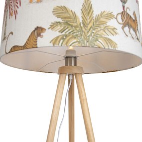 Drevená stojacia lampa s trojnožkou s viacfarebným tienidlom so zvieracou potlačou 50 cm - Lou