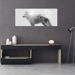 Obraz - Arktický vlk zrkadliaci divokú krajinu, čiernobiely (120x50 cm)