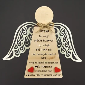 AMADEA Drevený anjel stojaci s krídlami a motivačným textom, masívne drevo, 18 x 15 cm