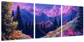 Obraz - Fialová krajina pri úplnku (s hodinami) (90x30 cm)