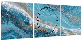 Obraz - Bledomodrý mramor so zlatom I. (s hodinami) (90x30 cm)