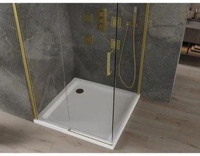 Mexen Omega, sprchovací kút s posuvnými dverami 100 (dvere) x 100 (stena) cm, 8mm číre sklo, zlatý profil + slim sprchová vanička 5cm, 825-100-100-50-00-4010